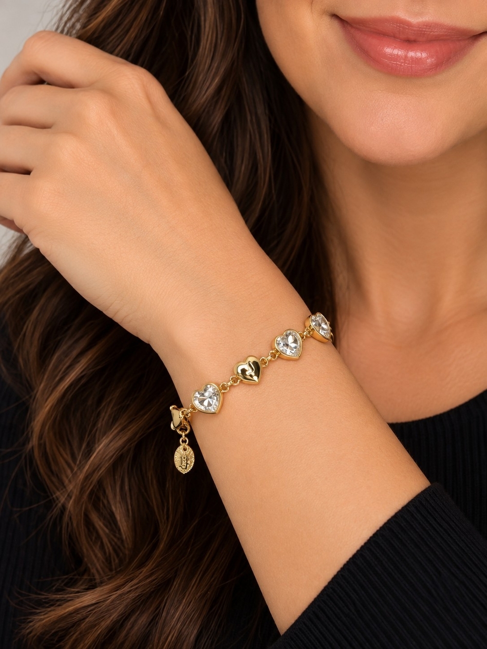 Juicy Couture Gold Heart Link Bracelet with Clear Crystals - New in Gift Box